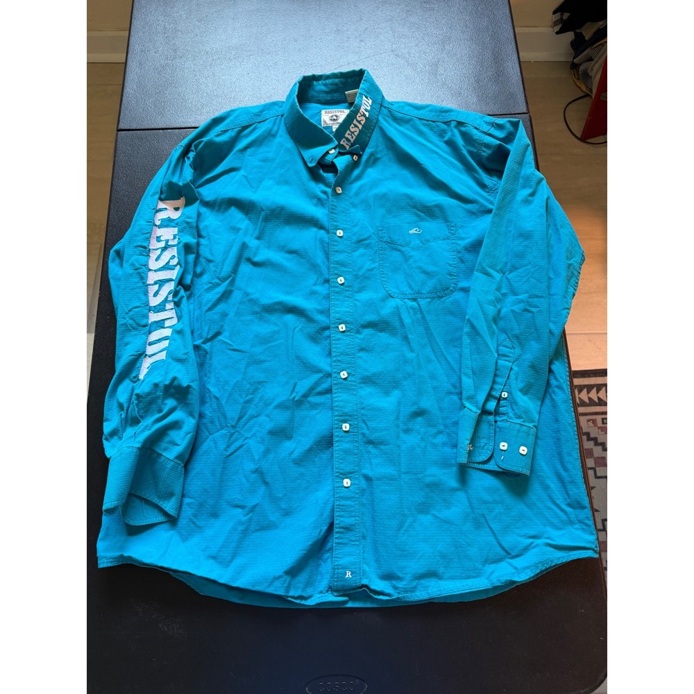 Resistol Mens XXL Teal Blue Ripstop Western Button Down Shirt Logo Embroidery